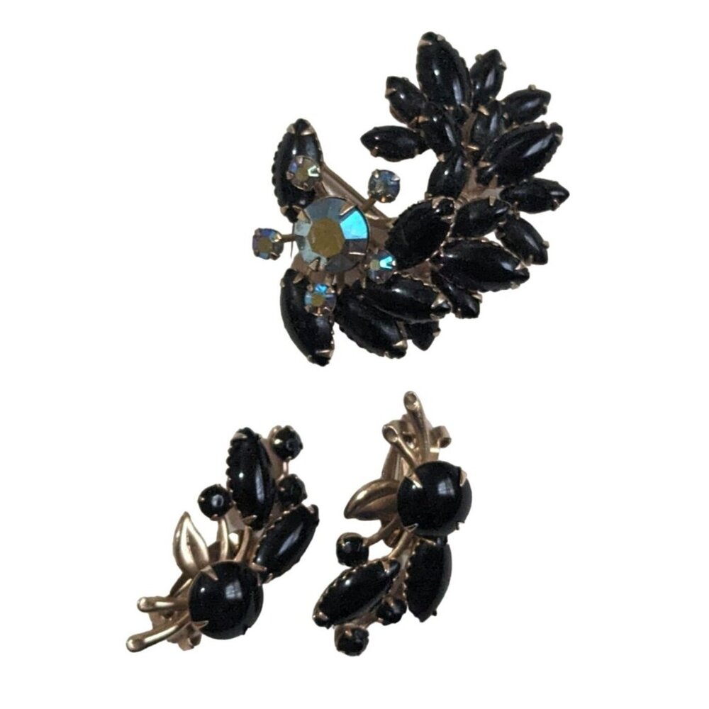 Vintage black gold tone brooch and clip earring set Aurora‎  borealis rhinestone